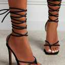 PiePieBuy Women's Lace Up Heeled Sandals Square Flip Flop High Heels Strappy Party Shoes, 8, Black