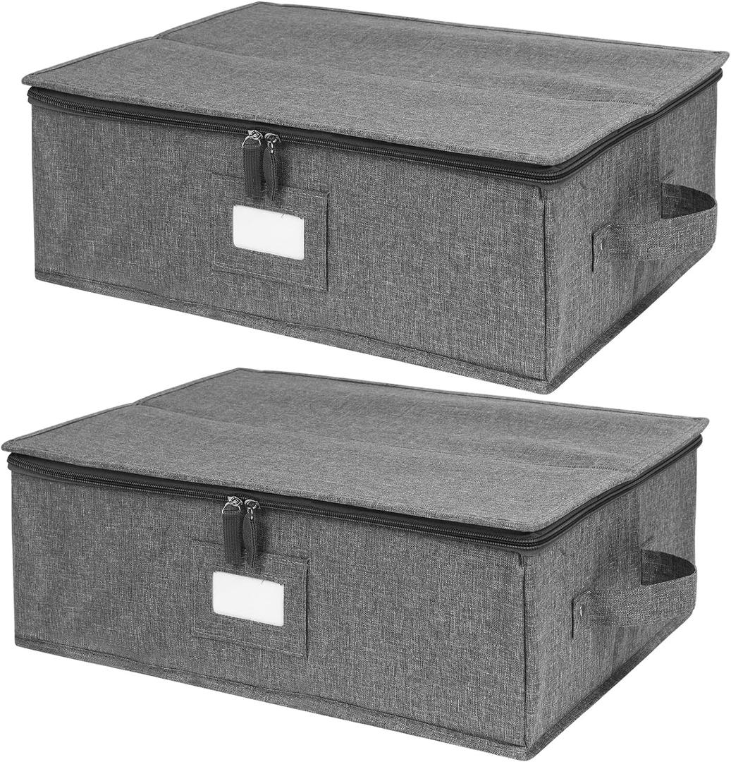China Storage Containers Hard Shell 2 Pack, Platter Storage Case 17" x 13" x 6", 5 Felt Dividers Included, Structured Top and Stackable (Linen Grey) (2 PACK)