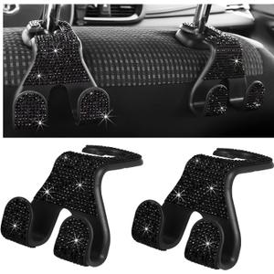 2 PCS Car Headrest Hooks, 2 in 1 Car Hanger Holder Hook for Hanging Purses and Bags, Shining Rhinestone Universal Automotive Back Seat Hook for Women and Men, Car Accessories (Black)