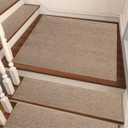 Linen Stair Landing Mat for Wooden Steps Indoor 28 * 28 inch, Upgraded Self Adhesive Backing Non Slip Stair-Treads Matching-Mat, Peel and Stick Square Stair Rugs (Beige)