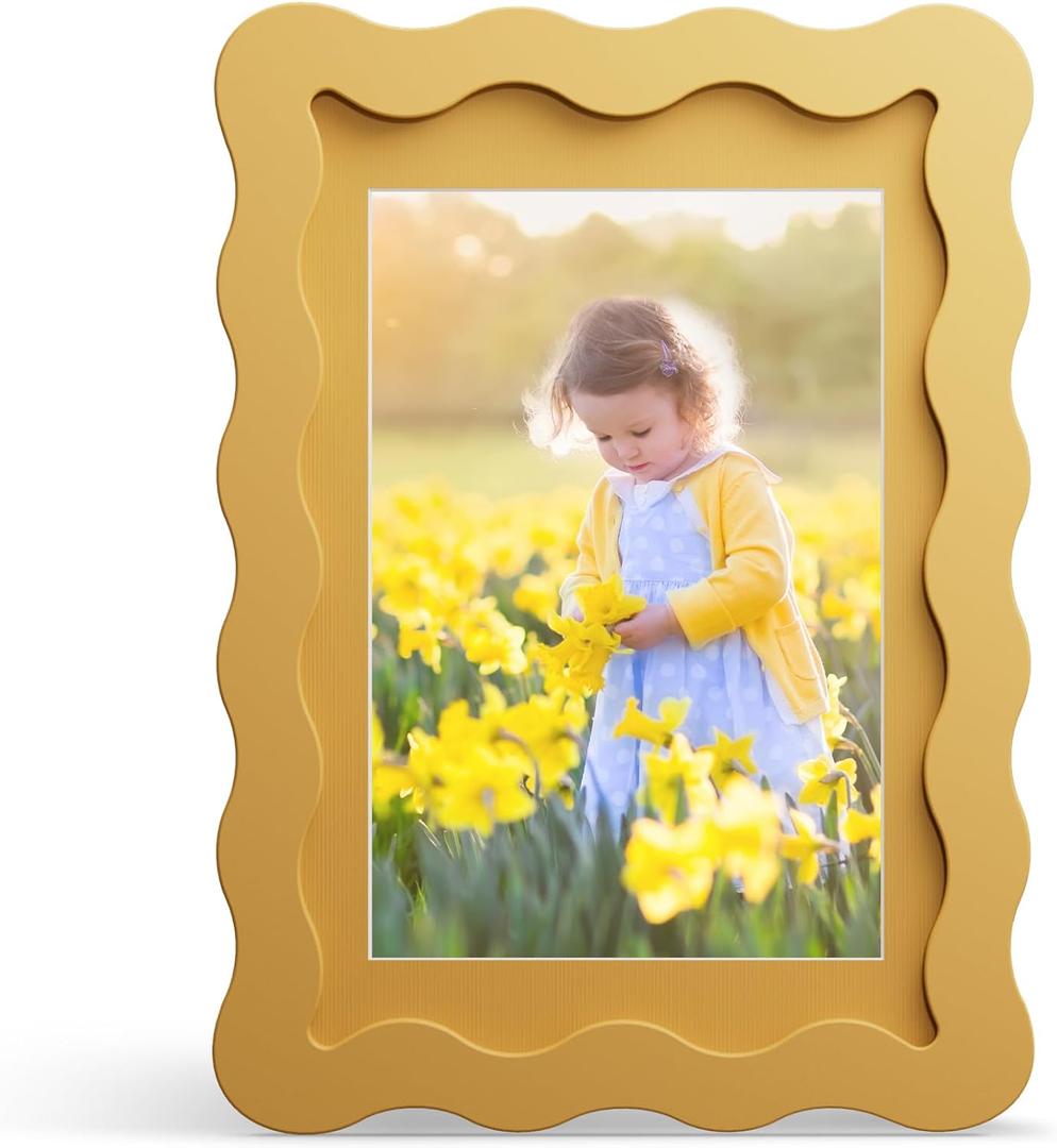 4x6 Picture Frame with Mat for 3.5x5, Wavy Edge Wooden Real Glass Photo Frame for Tabletop and Wall Hanging, Yellow, 1 Pack