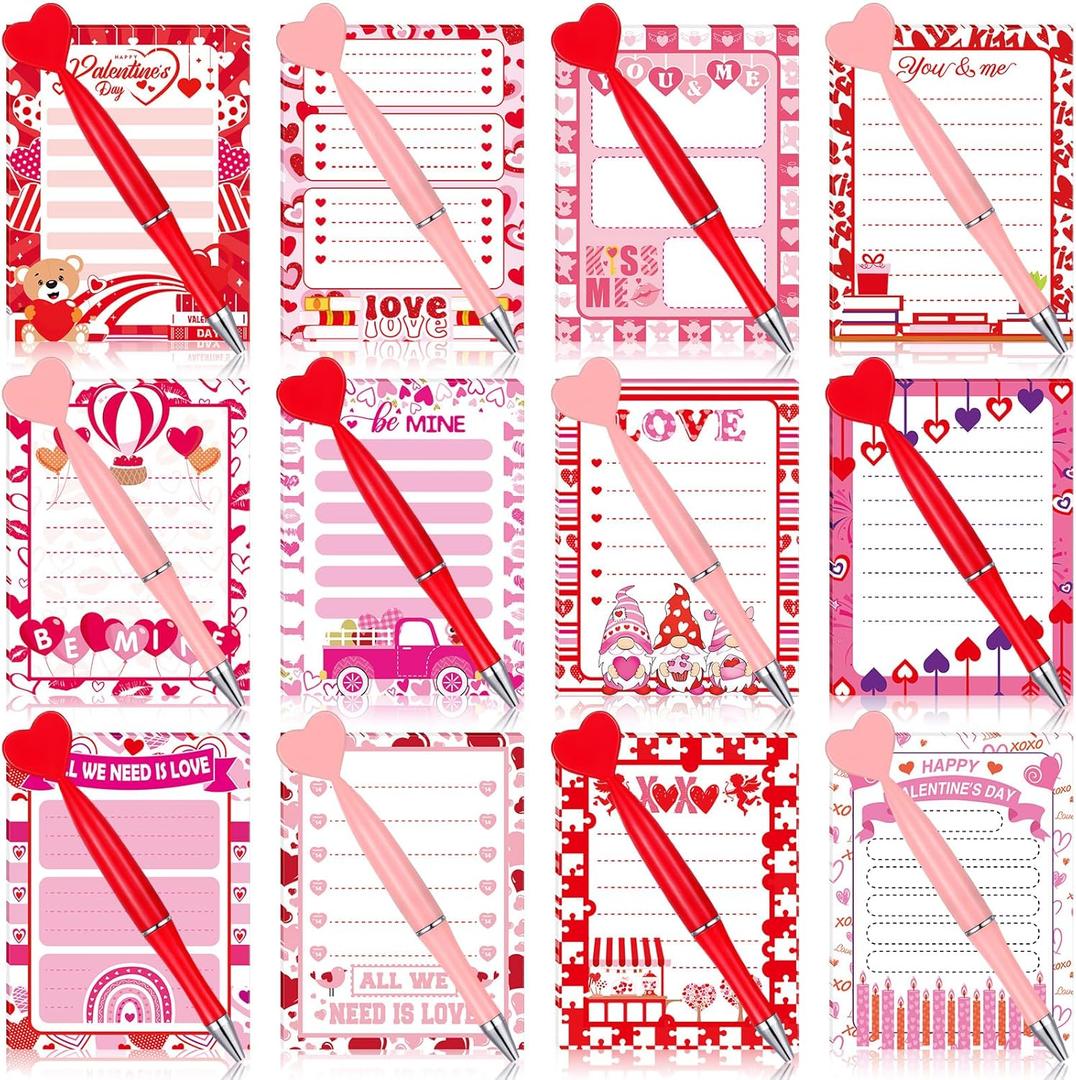 Eaasty 48 Pcs Valentine's Day Gifts Bulk 24 Valentines Mini Notepad 24 Red Pink Heart Ballpoint Pen Galentines Gift Valentines Bear Gnome Small Notebook and Pen Set for Classroom School Party Supplies