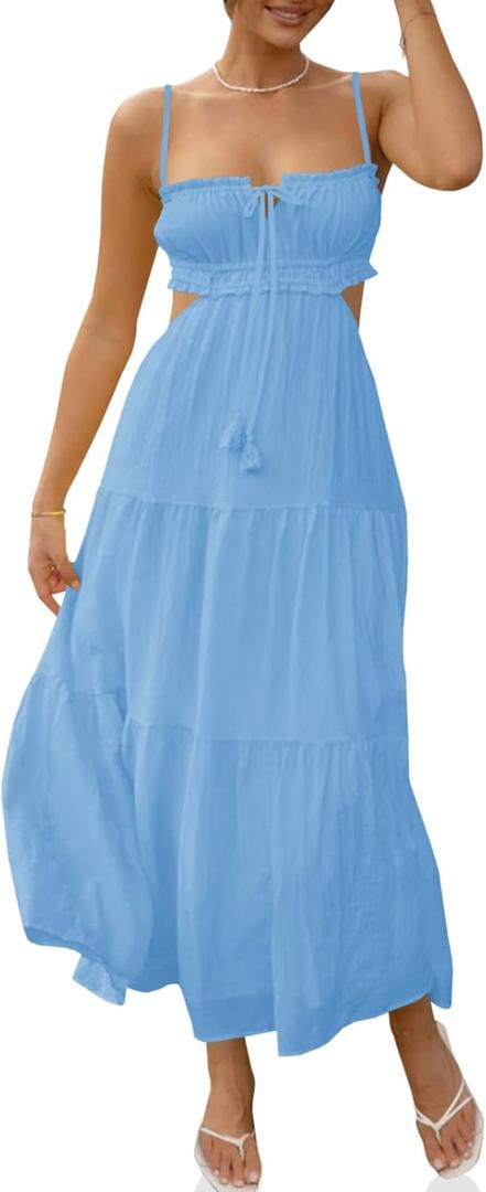 Fisoew Women's Spaghetti Strap Maxi Dress Summer Sleeveless Side Cut Out Dress Casual Boho Backless Flowy Long Dresses, XL