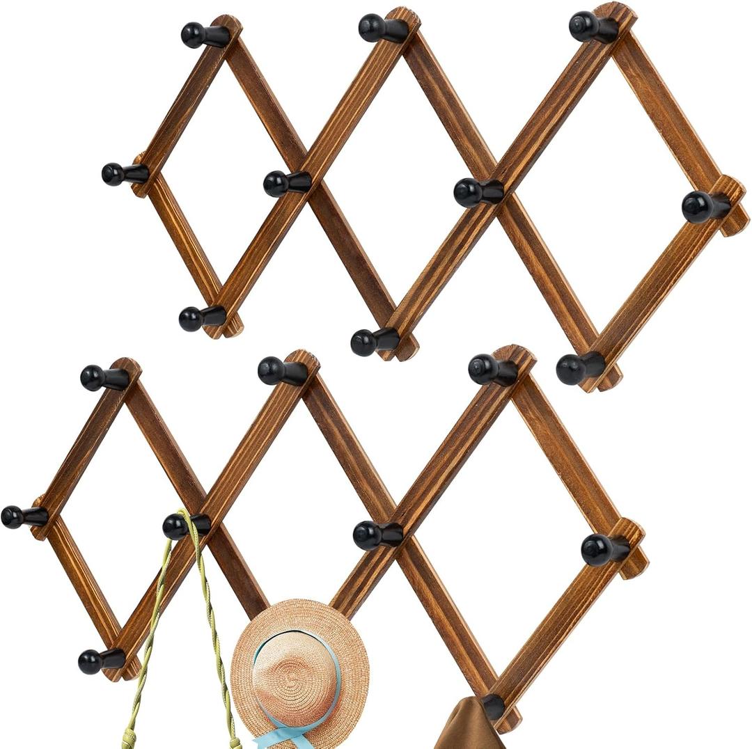Accordion Wall Hanger, Wood Expandable Wall Mounted Hanger with 10 Hooks for Coats,Hats,Coffee Mug Ect,2 Packs Included,20 Pegs, Walnut Color,Retro Style