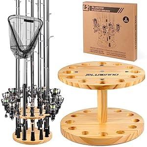 PLUSINNO V12 Fishing Rod Holders for Garage, Vertical Fishing Pole Holders Wooden Round Floor Stand, Fishing Rod Rack Holds up to 12 Rods or Fishing Nets Storage Organizer Racks, Fishing Gifts for Men
