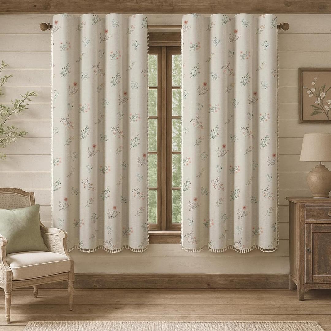 Boho Floral 100% Blackout Curtains 63 Inch Length 2 Panels Set, Linen Texture Farmhouse Curtains Beige Tassel for Living Room Bedroom Vintage Rustic Patterned Printed Western Rod Pocket