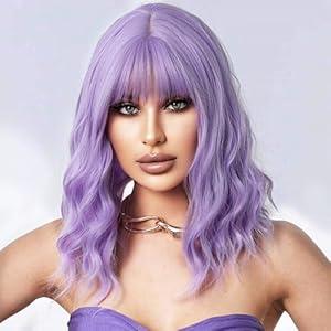 Miuric Lavender Purple Wig with Bangs Short Light Purple Wigs for Women Colorful Wavy Bob Wig Shoulder Length Women's Wigs Synthetic Heat Resistant Fiber Wigs for Cosplay Costume Party(14 Inches)