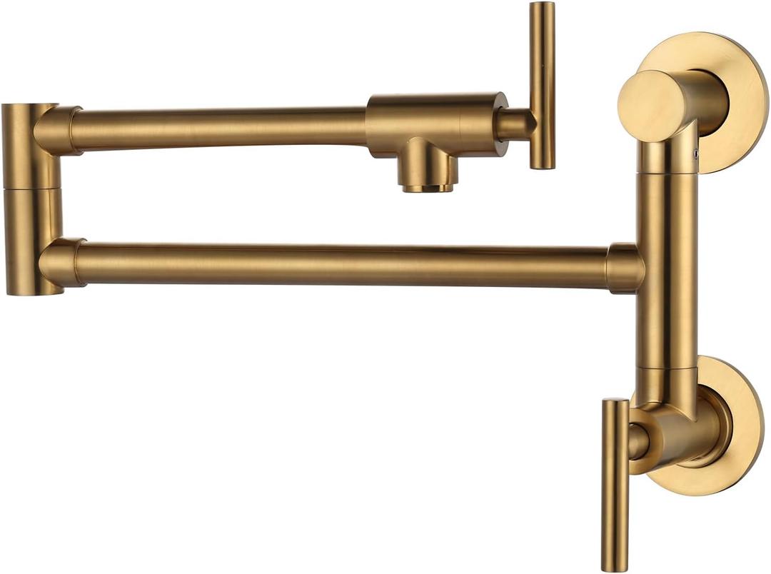 WOWOW Gold Pot Filler Faucet: Single Hole Wall Mount Stove Faucet, Brass Pot Filler Two Attachment with Double Joint Swing Arms