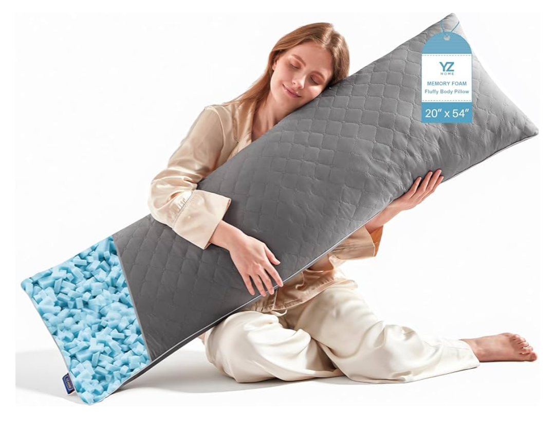 YZ HOME Long Body Pillow for Adults - Firm Body Pillow Insert with Shredded White Memory Foam, Adjustable Height, Soft Support for Side Sleeping, Pregnant Women, Washable (Grey, 20x54 Inch) 2 pack