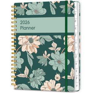 2026 Planner, A5 Weekly and Monthly Planners with Tabs, Spiral Bound Daily Calendar 2026 Planner, Agenda Organizers from Jan. to Dec., Hardcover Habit Tracker Journal 6.18" x 8.5" (Green Flower)
