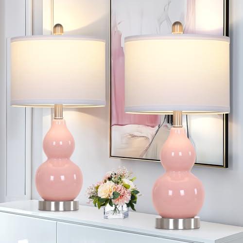 Rinweey Double Gourd Ceramic Table Lamps Set of 2, Modern Pink Bedside Lamps for Night Stand, Contemporary Nightstand Lamps for Bedroom Living Room (Bulb Included)