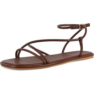 STALOV Strappy Flat Sandals for Women Square Open Toe Leather Ankle Strap Flats Sandals Comfortable Beach Summer Shoes (Brown, 7)