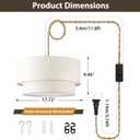 Plug in Pendant Light, 2-Tier Drum Linen Pendant Lights with 15.7FT Handmade Woven Light Cord17.7" Plug in Chandelier for Dining Room Kitchen Island and Bedroom