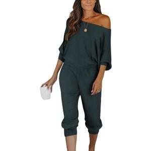 PRETTYGARDEN Two Piece Sets for Women Fall 2025 Ribbed Knit Off Shoulder Tops Lounge Pants Tracksuit Fashion Clothing (Small, Navy)