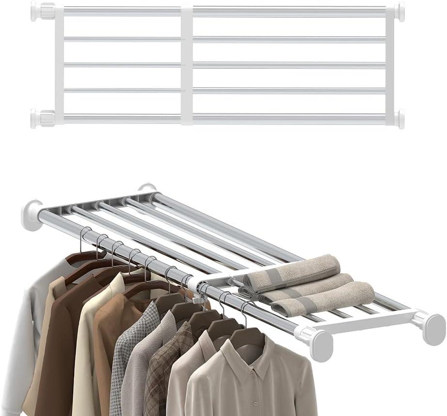 Hershii Tension Shelf Expandable Rod Closet System Heavy Duty Clothes Hanger Adjustable DIY Storage Organizer Shoe Rack (23.62 - 39.37 inches, Ivory)