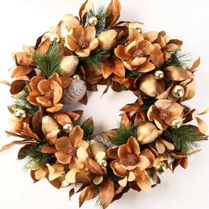BINFEN 24" Winter Wreaths for Front Door, Gold-Brown Leaves Balls Pears Magnolia Flowers Christmas Wreath, Door Reef for Windows Fireplaces Walls, Front Porch Indoor and Outdoor Decor