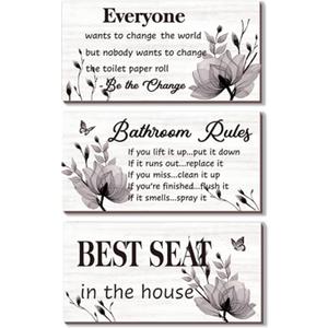 DONFENTHY Bathroom Decor, 3 Pcs Black Wall Art - Rustic Farmhouse Bathroom Rules Signs, Best Seat in The House, 10x5 Inch, Wooden