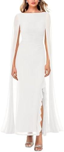 MAYFASEY Women's Sexy Elegant Long Sleeve High Split Mesh Ruched Formal Long Evening Party Maxi Dress with Cape S