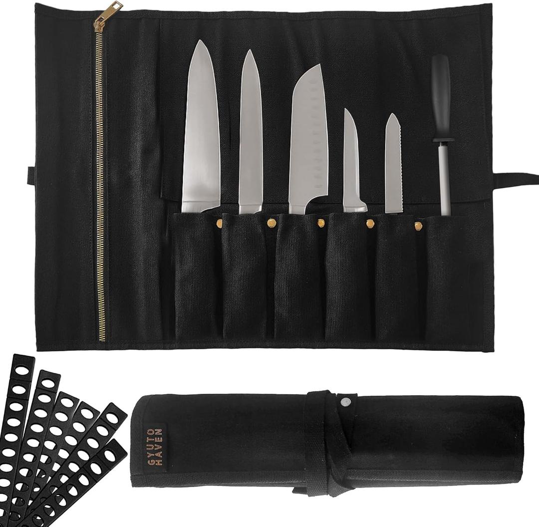 Chef Knife Roll Bag - Durable 6 Slot Black Waxed Canvas Knife Roll- Water Resistant Standard Knife Bag w/ Roll Tie, Large Zippered Pouch & 6 Plastic Knife Guards-Fits Knives Up To 2 Wide & 15 Long