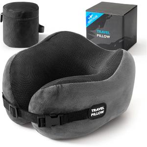 Neck Pillow Travel Pillow - 100% Pure Memory Foam Airplane Pillow with Adjustable Clasp & Removable Cover, Portable Travel Essentials for Long Flights, Car & Office (Dark Gray)