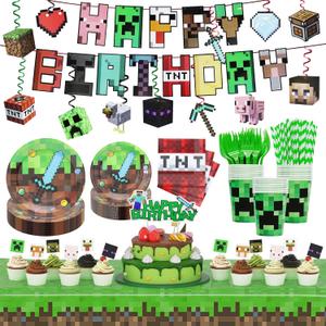 183Pcs Pixel Birthday Party Decorations, Pixel Game Theme Party Supplies Kit, Including Banner, Tablecloth,Hanging Swirls, Plates, Napkins, Cups, Forks, Cake Toppers, Drinking Straws, Serves 24 Guests