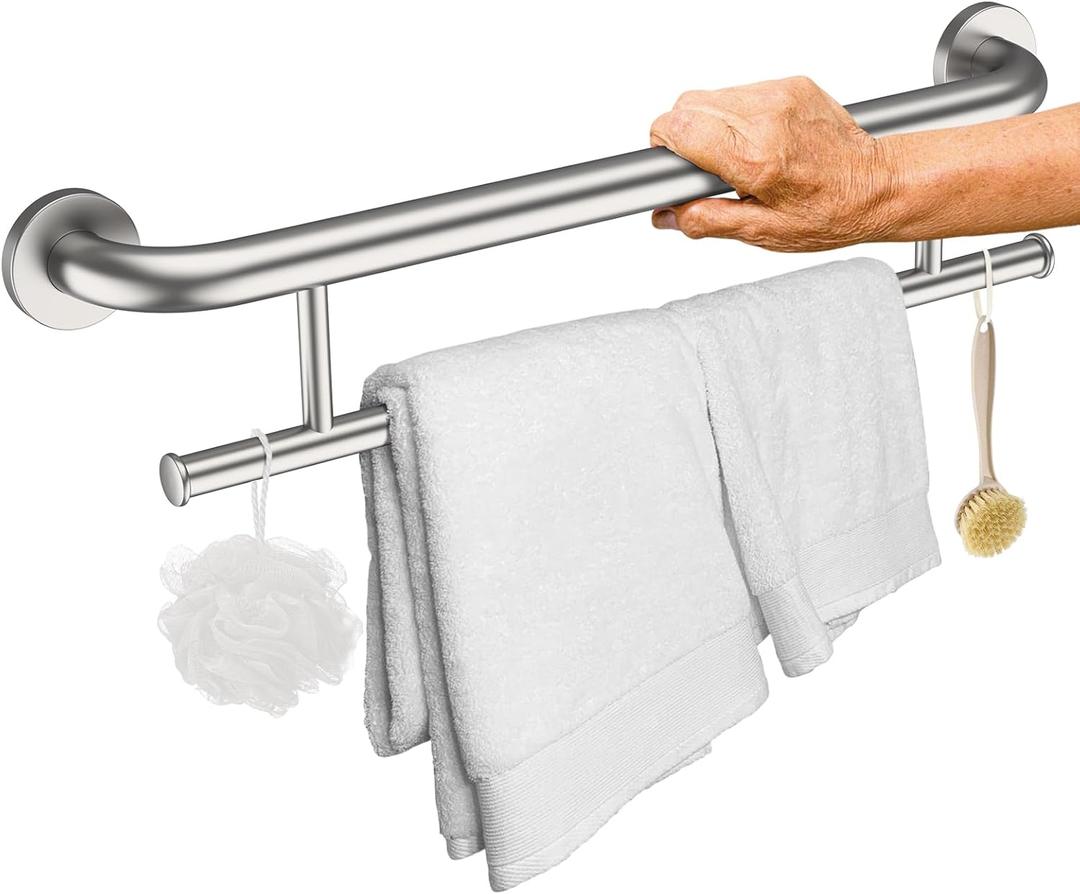 Brushed Nickel Grab Bar 24 Inch w/Towel Holder, iHansee Stainless Steel Towel Rack Shower Support Balanced Support Handle, Wall Mount Safety Handrail Grab Rail for Elderly Senior Handicap Disabled
