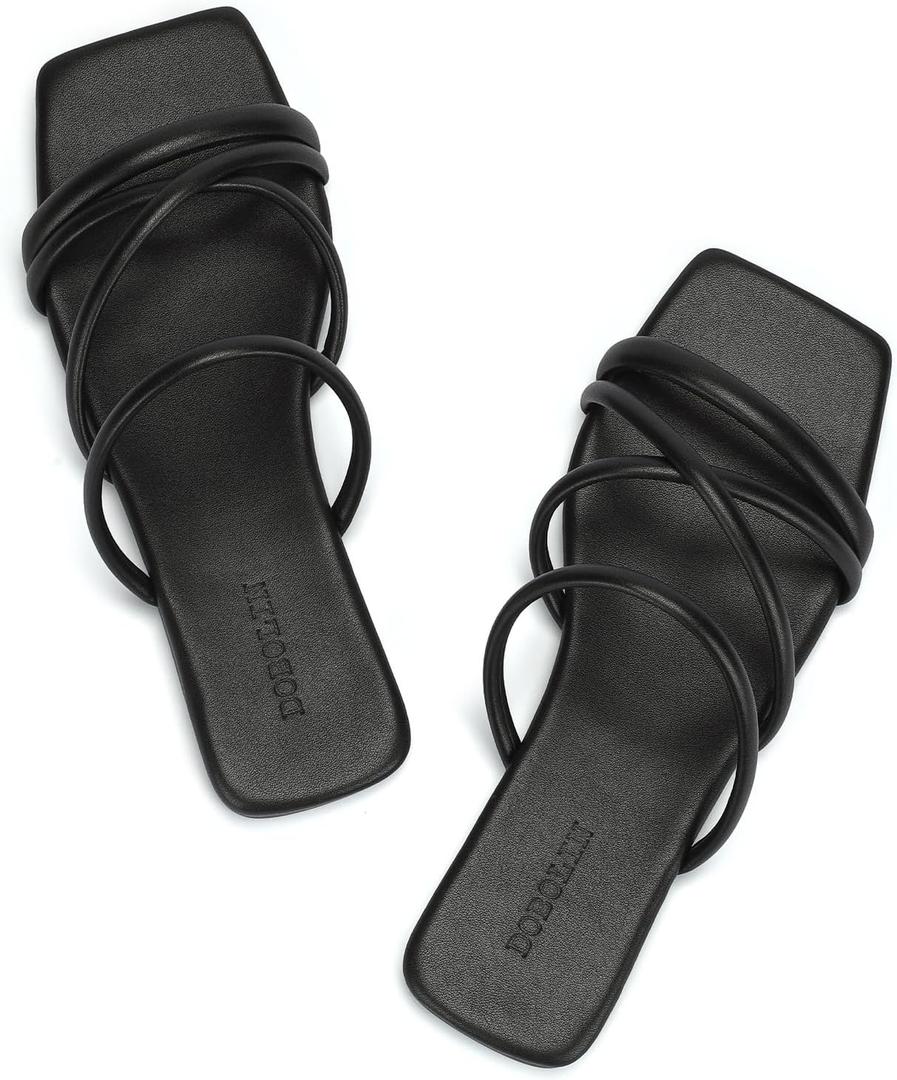 Women's Flat Sandals Strappy Square Open Toe Slide Sandals Dressy Comfortable Wide Feet Friendly (Black), Size 8