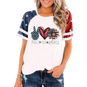 American Flag Stars Stripes Shirts for Women 4th of July Patriotic Shirt Cute Graphic Blouse USA Flag Tops Summer Tee, Size L