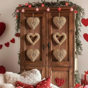 Yuntau 2 Piece 24" Large Rustic Rattan Heart Wall Decor, Valentine's Day Vintage Hanging Ornaments Art for Home Wedding Party, Neutral Farmhouse Heart Shaped Crafts for Indoor Outdoor(Hollow)