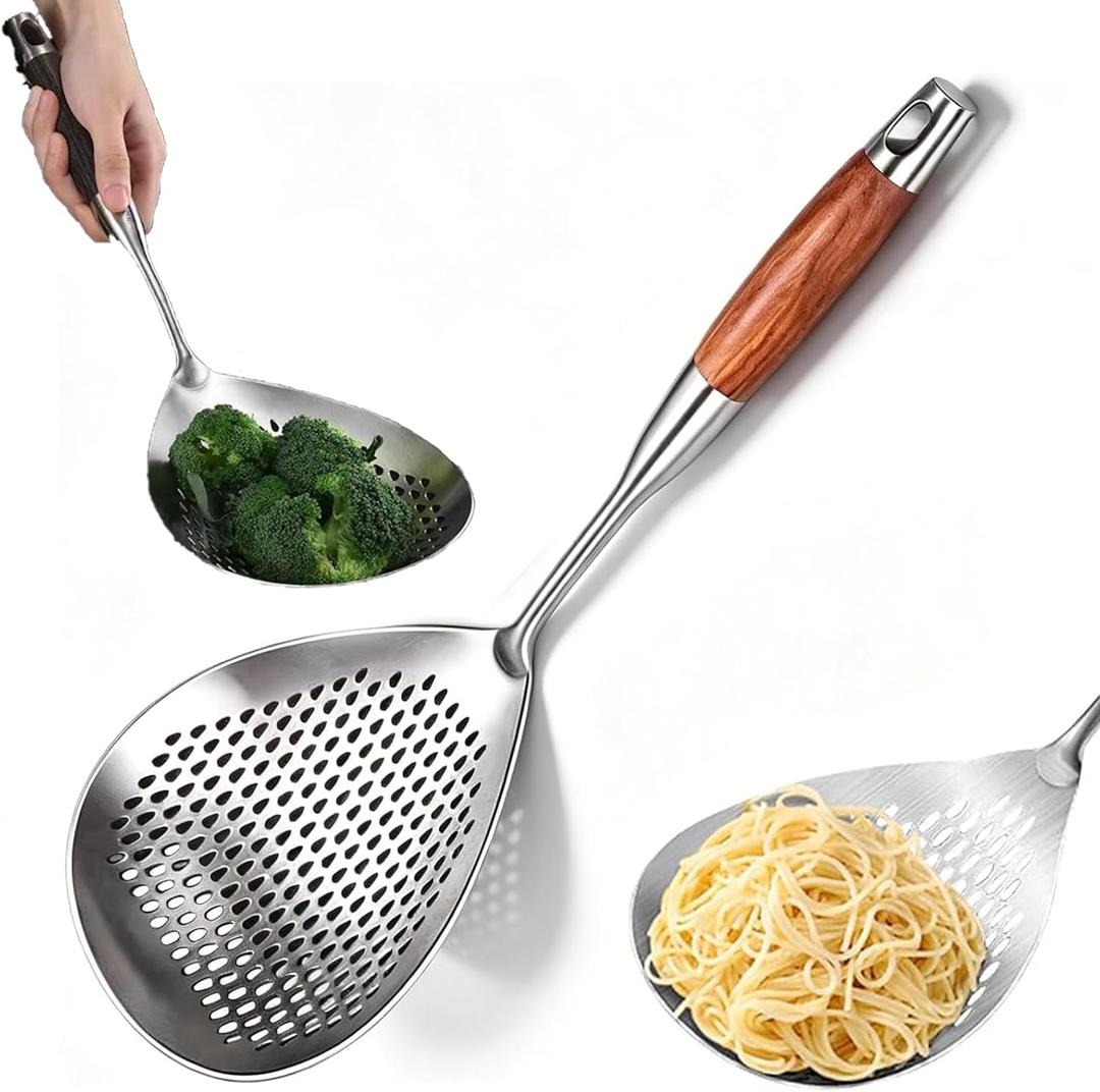 16 Inch Skimmer Slotted Spoon, Wooden Handle, Large Stainless Steel Spider Strainer for Kitchen Cooking Frying Draining