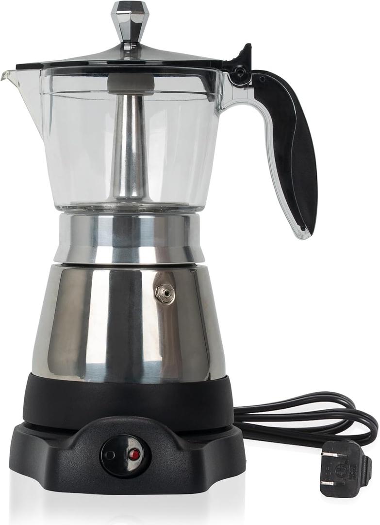 Cafeteras Electricas Modernas Moka Pot, Italian Coffee Espresso Machine, 6 Cup Cuban Coffee Maker with Detachable Base & Overheat Protection, Greca Electrica De Cafe Gift for Travel (Stainless steel metallic)