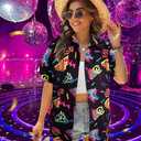 80s 90s Outfits for Women 80's Retro Theme Party Shirt 80s Hawaiian Shirt Neon Hawaii Button Down Short Sleeve Tops (Black, XL)