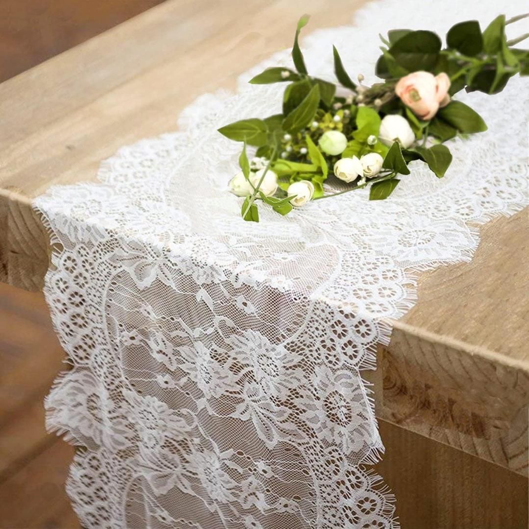 4 Pcs White Lace Table Runners 14 x 120 Inch Vintage Table Runner for Wedding Bridal Shower Baby Shower Party Table Decoration Rustic Rose Embroidered Boho Table Runner