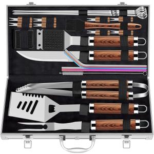 ROMANTICIST 25pcs Extra Thick BBQ Grill Accessories, Fathers Day Grilling Gifts Set for Men Dad, Heavy Duty Grill Tools Utensils Kit with Spatula, Tongs in Aluminum Case for Birthday Brown