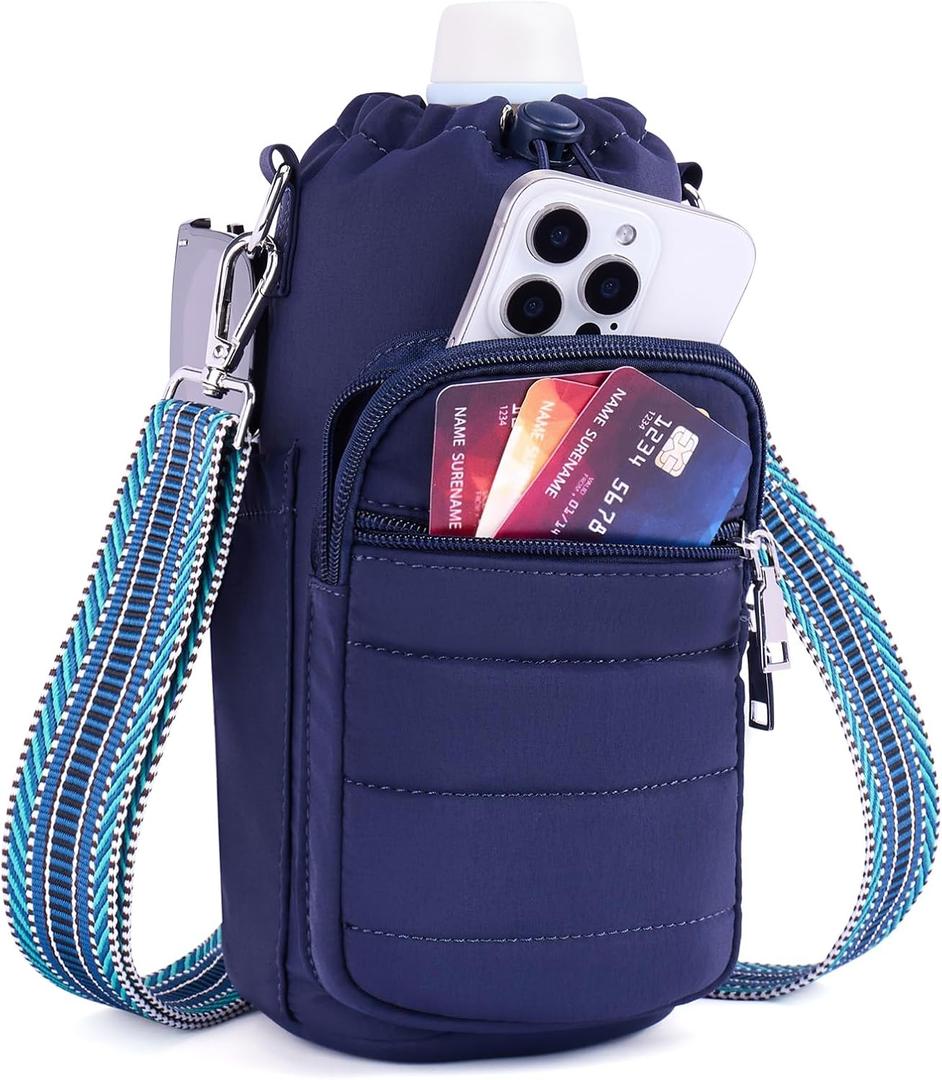 Water Bottle Bag 40 oz Crossbody Holder for Walking Hiking Insulated Carrier Purse with Adjustable Strap (Blue)
