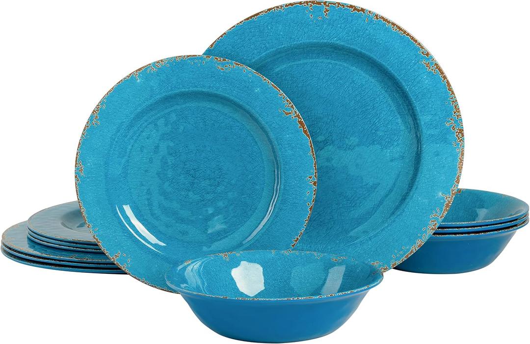 Gibson Home Mauna Melamine Plastic Dinnerware Set, Service for 4 (12pcs), Light blue