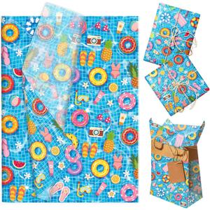 50 Sheets Swimming Pool Tissue Paper, Swimming Circle Fruit Slippers Pattern Wrapping Tissue, 14 x 20 Inches Summer Pool Theme Decorative Paper for Summer Beach Pool Party, Hawaiian Gifts Supplies