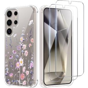 Clear with Flower for Samsung Galaxy S24 Ultra Case with Screen Protectors X2,Transparent Floral Slim Non Yellowing Non-Slip Shockproof Military-Grade Protection Phone Cover for Women Girl