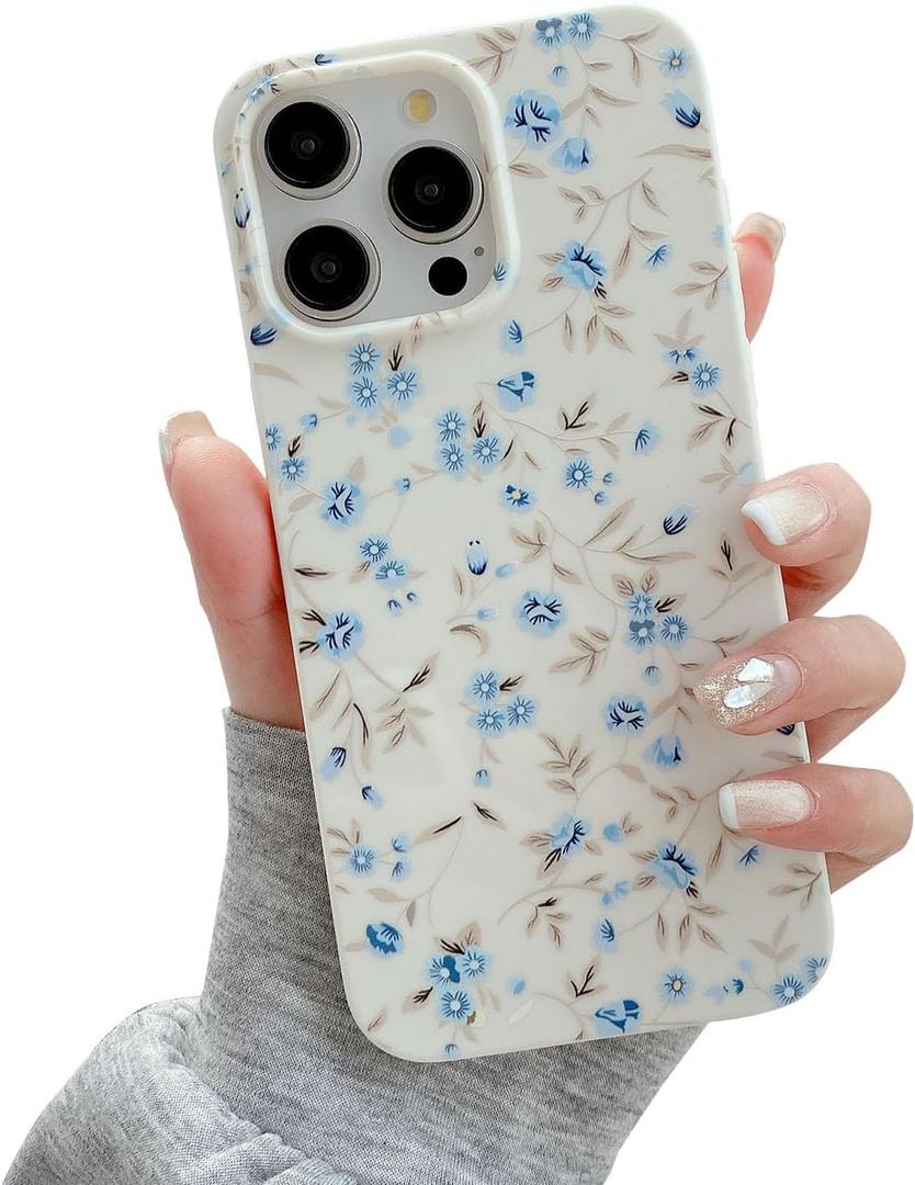 QLTYPRI for iPhone 15 Pro Case, Cute Pink Floral Flower Pattern Aesthetic Phone Case, Raised Camera Protection Soft Slim TPU Shockproof Protective Phone Cover for Girls Women - Blue