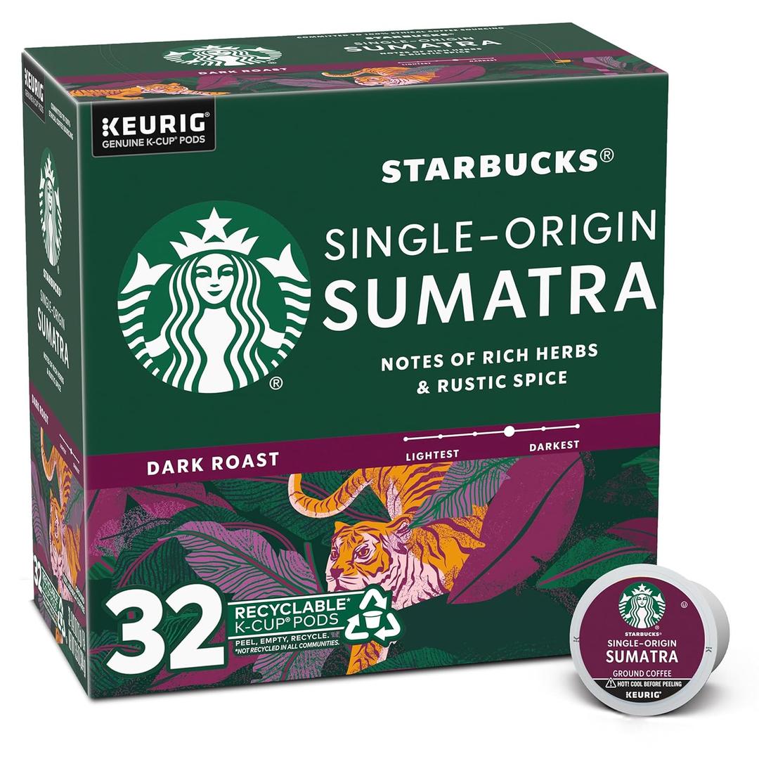 Starbucks K-Cup Coffee Pods, Dark Roast Coffee, Sumatra, 100% Arabica, 1 box (32 pods), Best By: 02/20/27