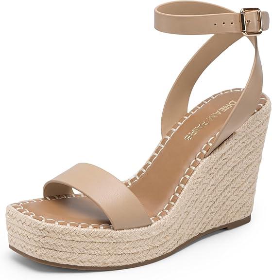 DREAM PAIRS Women's Open Toe Platform Sandals Adjustable Buckle Ankle Strap Comfortable Summer Espadrille Wooden Heeled Wedge Fashion Dressy Shoes, Size 7, Nude