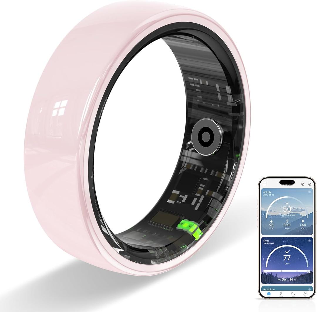Ceramic Ring,Smart Ring for Women, Auto Exercise Recognition,Gesture Control,Fitness Tracker with Heart Rate Monitor,Sleep Tracking, Step Counter, for iOS & Android (Pink, 10)