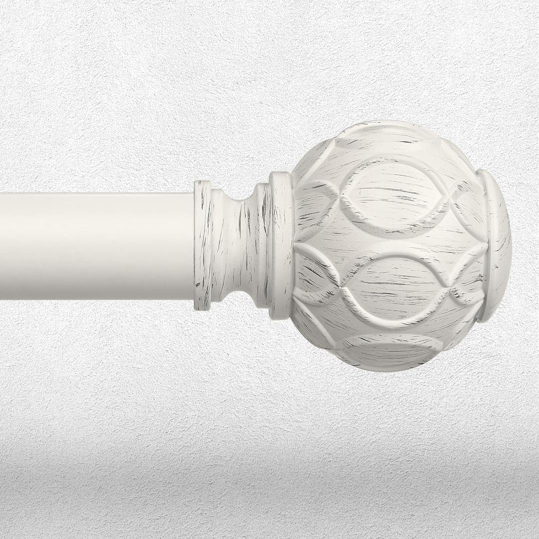 Antique White Curtain Rods for Windows 66 to 120 Inch, Adjustable Vintage Decorative 1'' Long Heavy Duty Curtain Rod, Rustic Farmhouse Drapery Pole Set with Boho Netted Texture Flower Finials