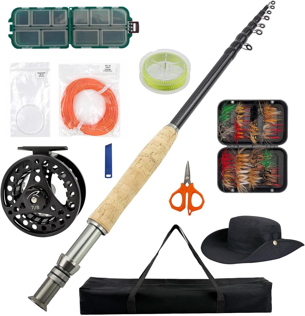 Telescopic Fly Fishing Rod and Reel Combo Kit 10FT 7/8WT Carbon Fiber Fly Rod Aluminum Reel 11-Piece Fly Fishing Set with Fly Line Backing Leader Fly Box Hat Carrying Bag