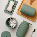 INGOFIN 4 Pcs Ceramic Bathroom Accessory Set - Liquid Soap Dispenser, Toothbrush Holder,Contain Cotton Swab Jar & Soap Dish,Countertop Accessories for Home, Guest Bathroom, Office, Matte Green