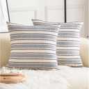 Cethom Decorative Boho Throw Pillow Covers, Farmhouse Textured Pillow Case, 22 x 22 Inch Set of 2, Chair Sofa Bedroom Living Room Decor Couch Cushion Case, Navy Blue and Beige Striped