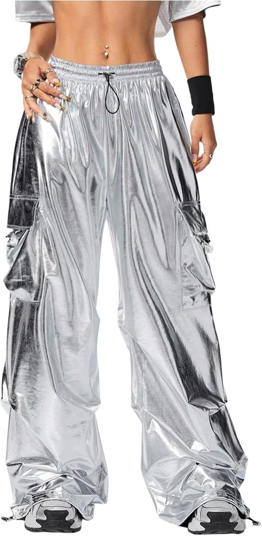 OYOANGLE Women's Metallic Drawstring High Waisted Y2K Cargo Pants Wide Leg Trousers Rave Joggers Streetwear (Large)