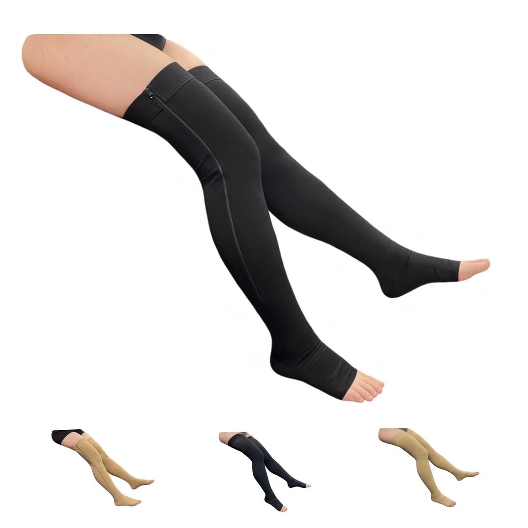 HealthyNees Open Toe 20-30 mmHg Compression Wide Leg Stocking Thigh High Zipper (5X-Large, With Zipper Black)