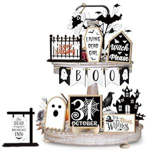 Quimoy 19 Pcs Halloween Tiered Tray Decor, Cute Ghost Boo Bat Haunted House Wooden Signs, Happy Halloween Table Decor for Home Kitchen, Rustic Farmhouse Party Favors