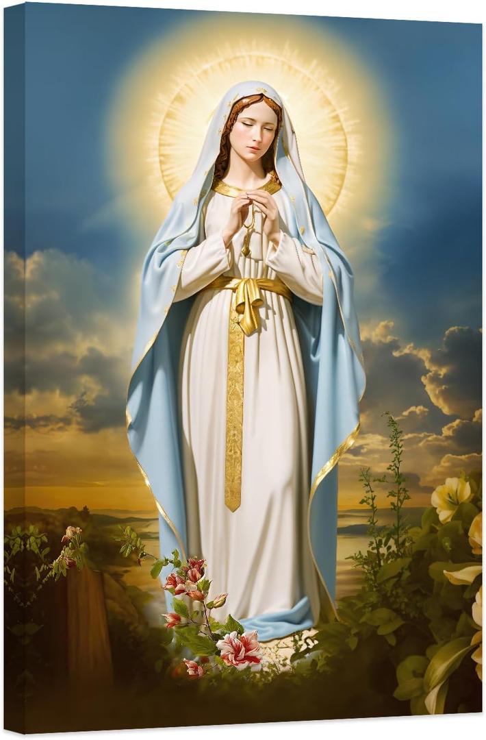 DOARTDO Virgin Mary Canvas Wall Art Catholic Pictures Wall Decor Religious Art Prints for Church Altar Home Decor Framed (16.00" x 24.00")